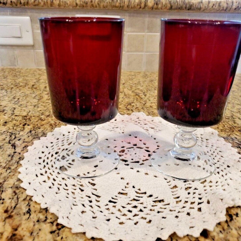 Pair Of 6" Tall Vintage Ruby Red Glasses Clear Ball Stem Water/Wine Goblets